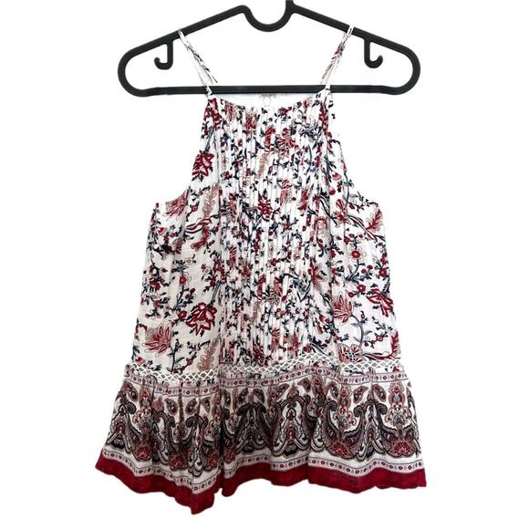 JOA Red Boho Print Pleated High Neck Lace Inset Blouse Size Small - Picture 1 of 9